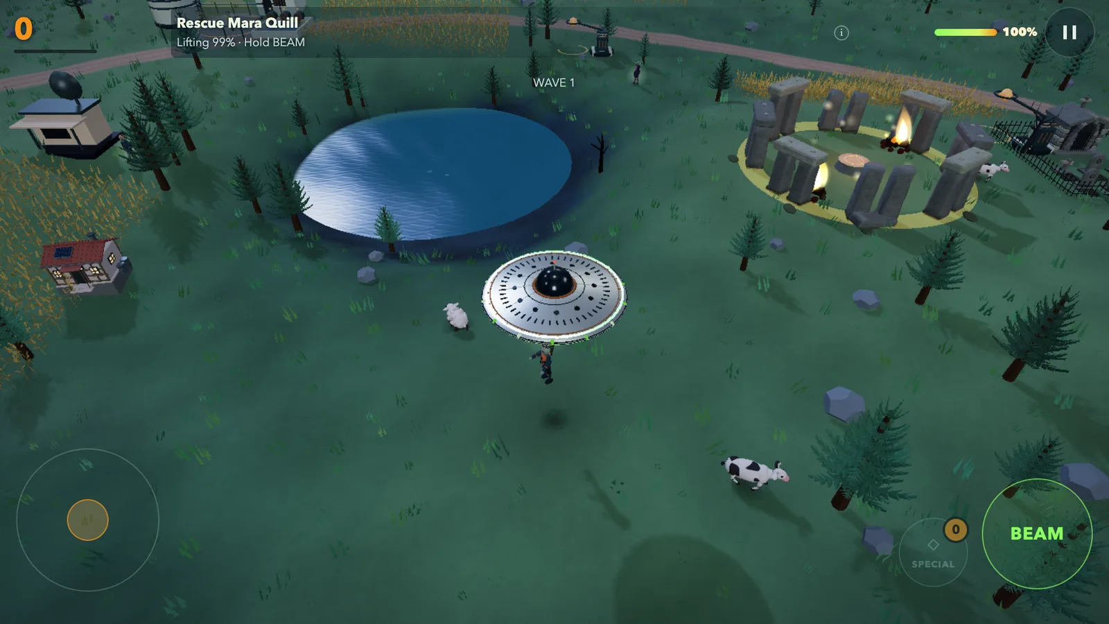 A rescue saucer lifts a stranded crew member above the Valley's fields, with a lake and standing stones below.